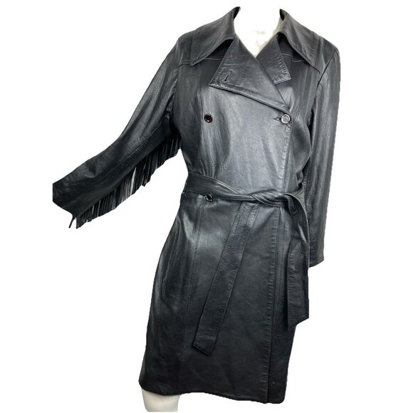 Claude Montana Jackets & Blazers - CHIC Claude Montana Leather Trench Coat With Fringe Black Vintage 90s